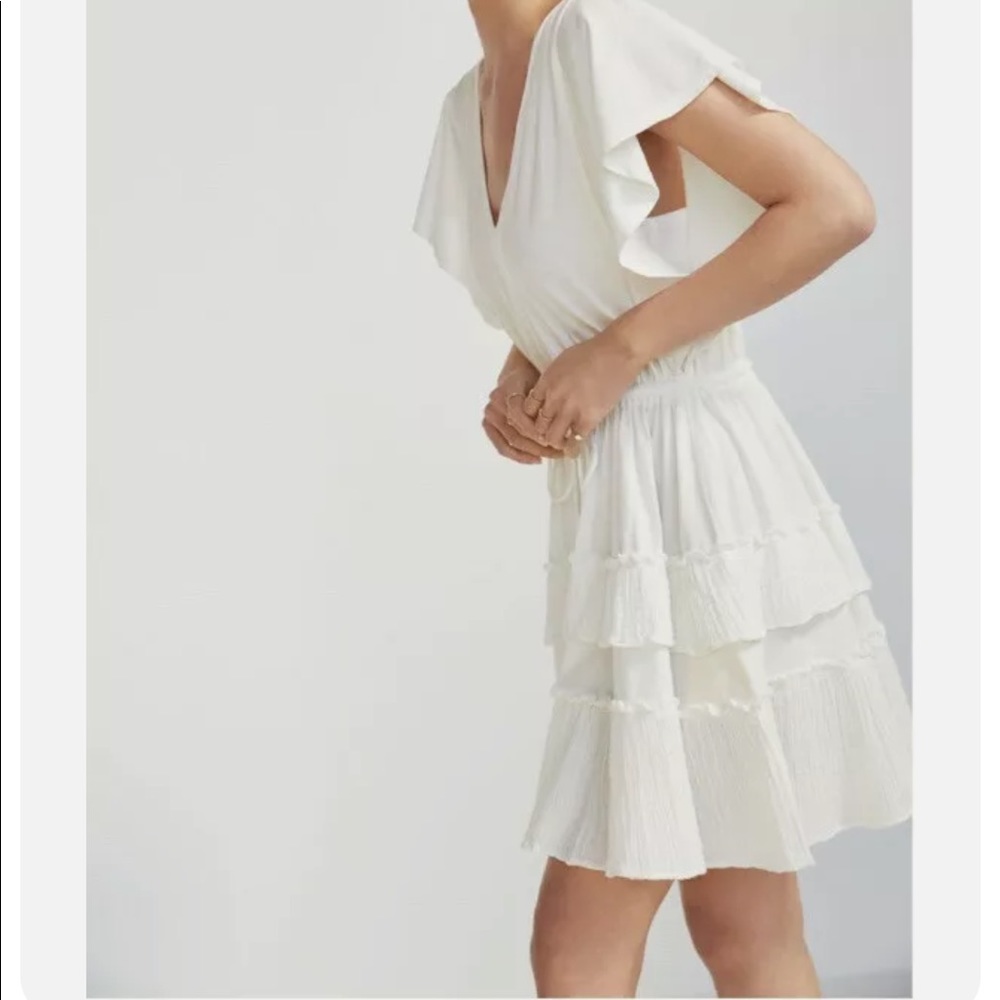 Anthropologie White Tiered Flutter-Sleeve Dress
